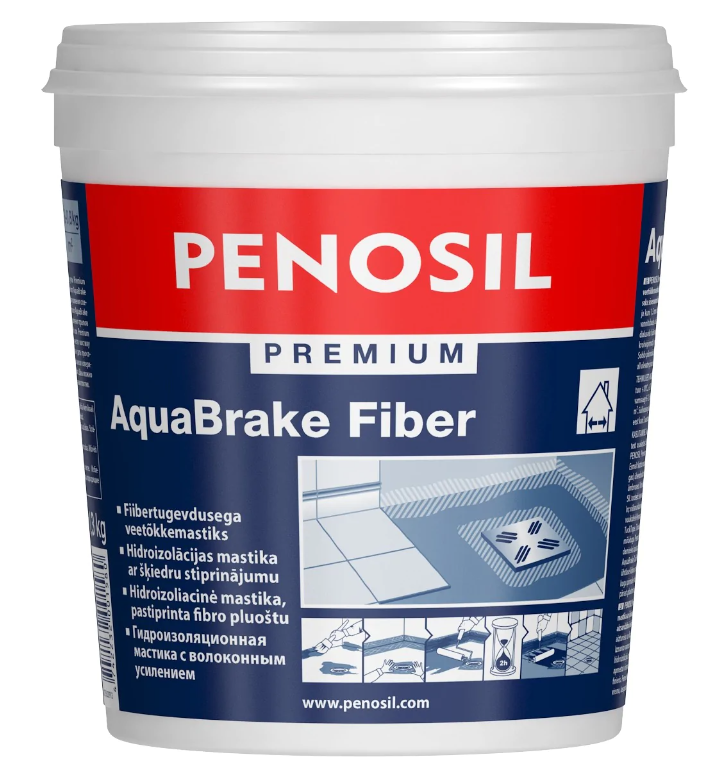 PENOSIL Premium AquaBrake Fiber. Elastīga hidroizolācijas mastika ar šķiedras stiprinājumu grīdu un sienu pamatņu hidroizolācijai.